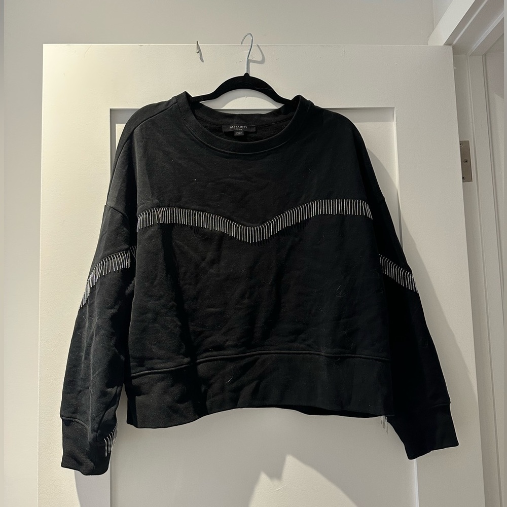 Allsaints fringe crew neck sweatshirt, black, size M